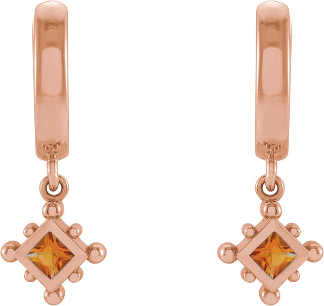 14K Gold Square Natural Citrine Beaded Bezel-Set Hoop Earrings - Rose Gold - view 2