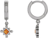 Platinum Square Natural Citrine Beaded Bezel-Set Hoop Earrings