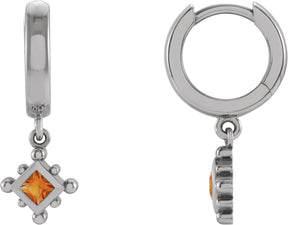 Platinum Square Natural Citrine Beaded Bezel-Set Hoop Earrings