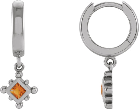 Platinum Square Natural Citrine Beaded Bezel-Set Hoop Earrings