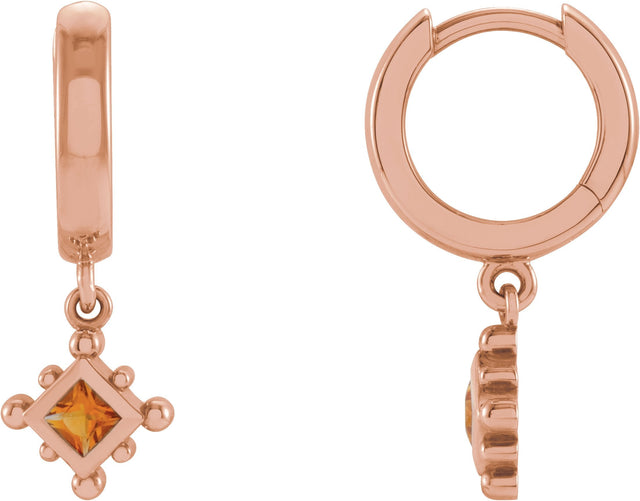 14K Gold Square Natural Citrine Beaded Bezel-Set Hoop Earrings - Rose Gold