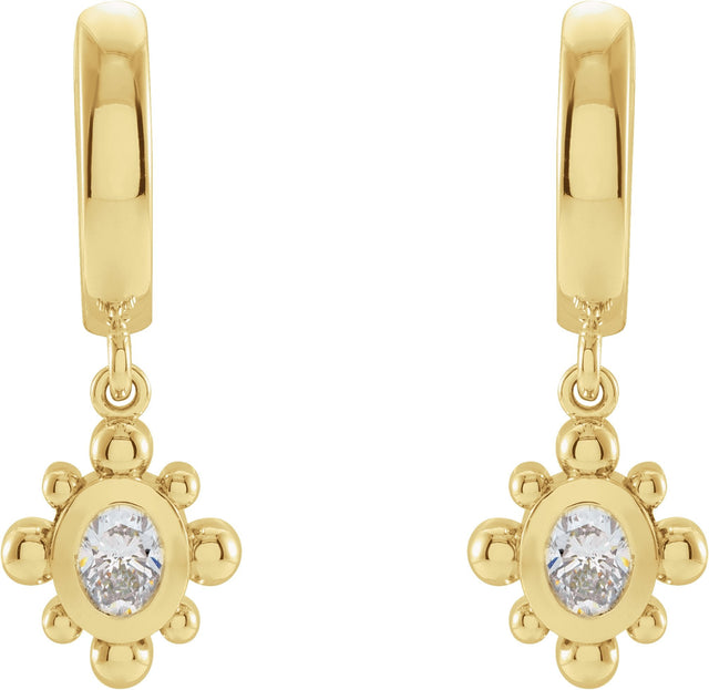 14K Gold Oval Natural Diamond Beaded Bezel-Set Hinged Hoop Earrings - Yellow Gold - view 2