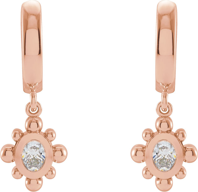14K Gold Oval Natural Diamond Beaded Bezel-Set Hinged Hoop Earrings - Rose Gold - view 2