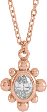 14K Gold Oval Natural Diamond Bezel-Set Beaded Necklace - Rose Gold