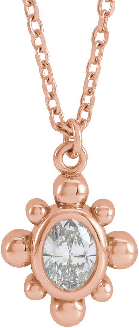 14K Gold Oval Natural Diamond Bezel-Set Beaded Necklace - Rose Gold