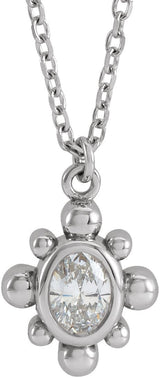14K Gold Oval Natural Diamond Bezel-Set Beaded Necklace - White Gold