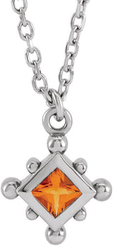 14K Gold Square Natural Citrine Bezel-Set Beaded Necklace - White Gold