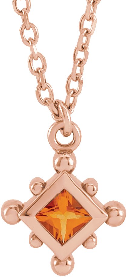 14K Gold Square Natural Citrine Bezel-Set Beaded Necklace - Rose Gold