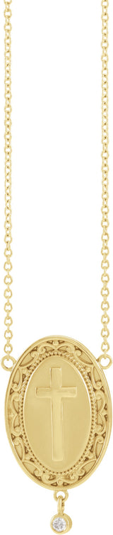 14K Gold Round Natural Diamond Rosary Cross Necklace - Yellow Gold