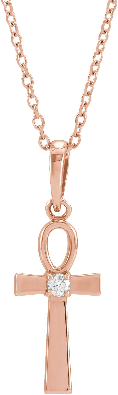14K Gold Round Natural Diamond Ankh Cross Necklace or Pendant - Rose Gold