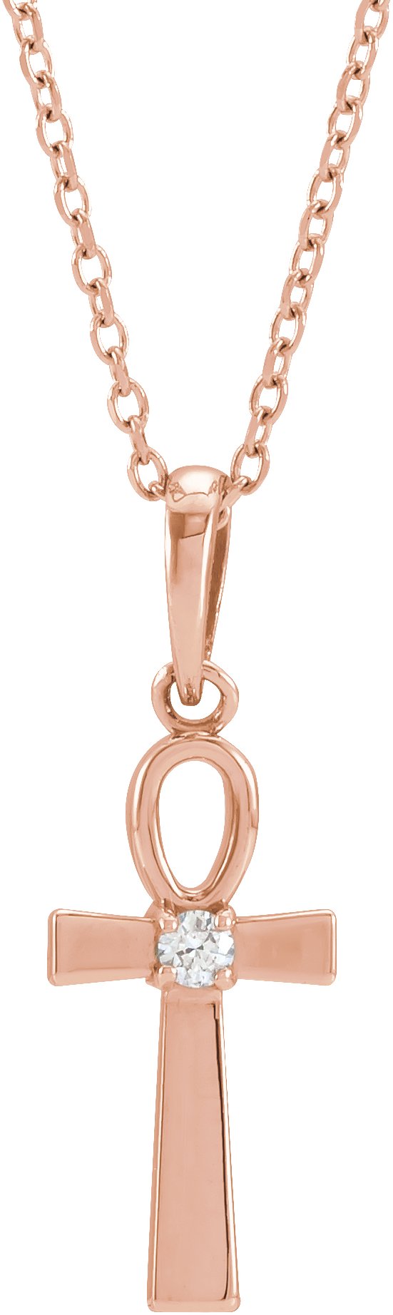 14K Gold Round Natural Diamond Ankh Cross Necklace or Pendant - Rose Gold
