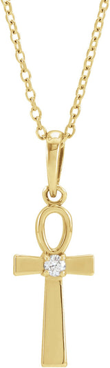 14K Gold Round Natural Diamond Ankh Cross Necklace or Pendant - Yellow Gold