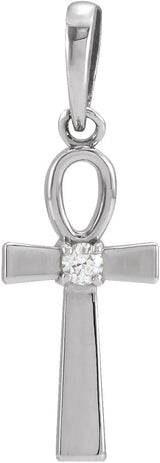 14K Gold Round Natural Diamond Ankh Cross Necklace or Pendant - White Gold