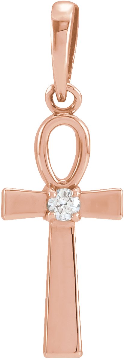 14K Gold Round Natural Diamond Ankh Cross Necklace or Pendant - Rose Gold