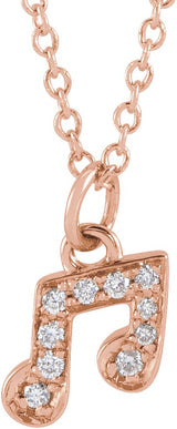 14K Gold Round Natural Diamond Petite Music Note Necklace - Rose Gold