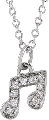 14K Gold Round Natural Diamond Petite Music Note Necklace - White Gold