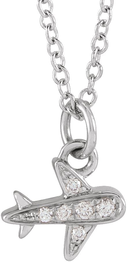 14K Gold Round Natural Diamond Petite Airplane Necklace - White Gold