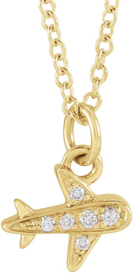 14K Gold Round Natural Diamond Petite Airplane Necklace - Yellow Gold