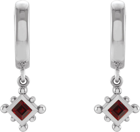 Platinum Square Natural Mozambique Garnet Beaded Bezel-Set Hoop Earrings - view 2