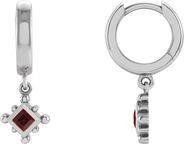 14K Gold Square Natural Mozambique Garnet Beaded Bezel-Set Hoop Earrings - White Gold