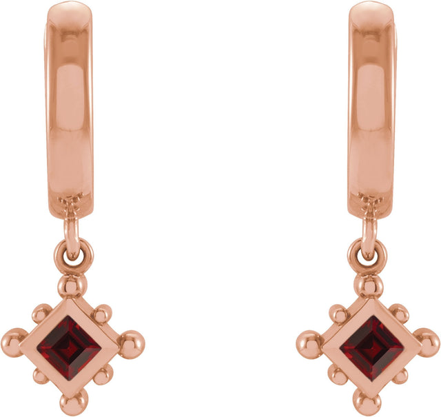 14K Gold Square Natural Mozambique Garnet Beaded Bezel-Set Hoop Earrings - Rose Gold - view 2