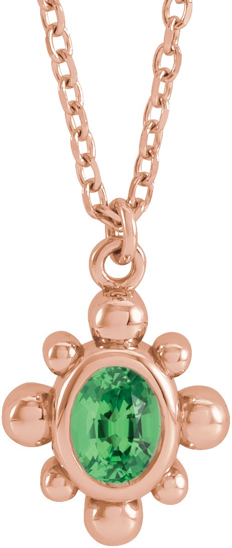 14K Gold Oval Natural Tsavorite Garnet Bezel-Set Beaded Necklace - Rose Gold