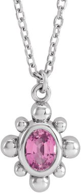 14K Gold Oval Natural Pink Sapphire Bezel-Set Beaded Necklace - White Gold