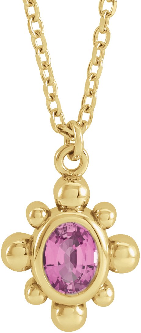 14K Gold Oval Natural Pink Sapphire Bezel-Set Beaded Necklace - Yellow Gold