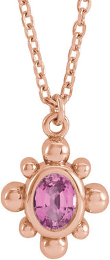 14K Gold Oval Natural Pink Sapphire Bezel-Set Beaded Necklace - Rose Gold