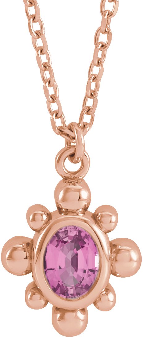 14K Gold Oval Natural Pink Sapphire Bezel-Set Beaded Necklace - Rose Gold