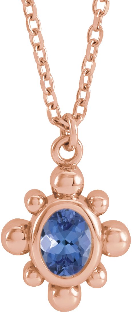 14K Gold Oval Natural Tanzanite Bezel-Set Beaded Necklace - Rose Gold