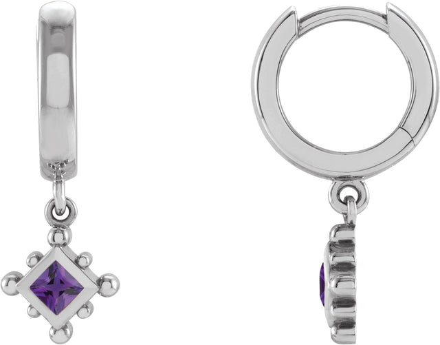 14K Gold Square Natural Amethyst Beaded Bezel-Set Hoop Earrings - White Gold
