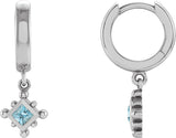 14K Gold Square Natural Aquamarine Beaded Bezel-Set Hoop Earrings - White Gold
