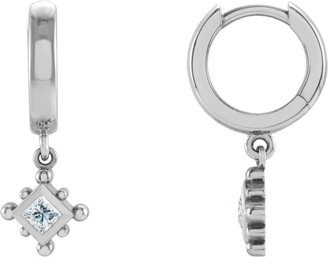 14K Gold Square Natural Diamond Beaded Bezel-Set Hoop Earrings - White Gold