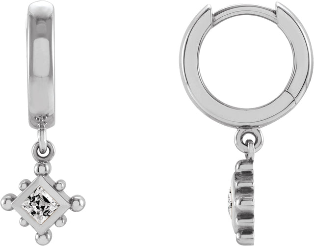14K Gold Square Natural White Sapphire Beaded Bezel-Set Hoop Earrings - White Gold