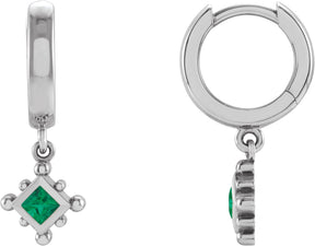 14K Gold Square Natural Emerald Beaded Bezel-Set Hoop Earrings - White Gold