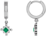 14K Gold Square Lab-Grown Emerald Beaded Bezel-Set Hoop Earrings - White Gold