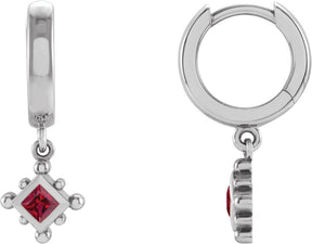 Platinum Square Natural Ruby Beaded Bezel-Set Hoop Earrings