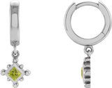 14K Gold Square Natural Peridot Beaded Bezel-Set Hoop Earrings - White Gold