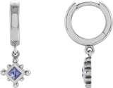 Platinum Square Natural Tanzanite Beaded Bezel-Set Hoop Earrings