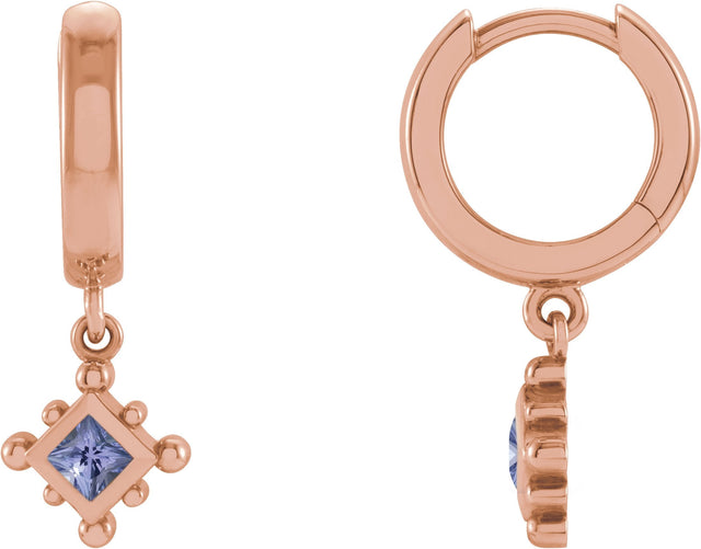 14K Gold Square Natural Tanzanite Beaded Bezel-Set Hoop Earrings - Rose Gold