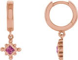 14K Gold Square Natural Pink Tourmaline Beaded Bezel-Set Hoop Earrings - Rose Gold