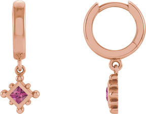 14K Gold Square Natural Pink Tourmaline Beaded Bezel-Set Hoop Earrings - Rose Gold