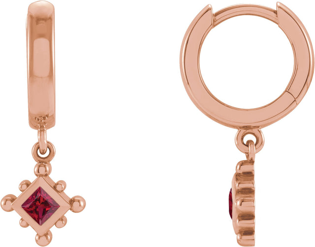 14K Gold Square Lab-Grown Ruby Beaded Bezel-Set Hoop Earrings - Rose Gold