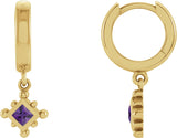 14K Gold Square Natural Amethyst Beaded Bezel-Set Hoop Earrings - Yellow Gold