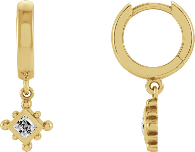 14K Gold Square Natural White Sapphire Beaded Bezel-Set Hoop Earrings - Yellow Gold