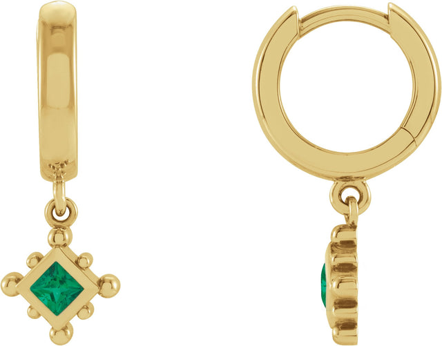 14K Gold Square Lab-Grown Emerald Beaded Bezel-Set Hoop Earrings - Yellow Gold