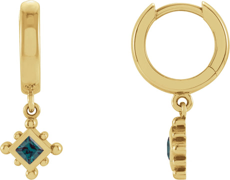 14K Gold Square Lab-Grown Alexandrite Beaded Bezel-Set Hoop Earrings - Yellow Gold