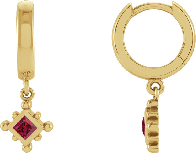 14K Gold Square Lab-Grown Ruby Beaded Bezel-Set Hoop Earrings - Yellow Gold