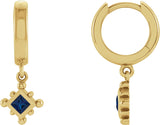 14K Gold Square Natural Blue Sapphire Beaded Bezel-Set Hoop Earrings - Yellow Gold